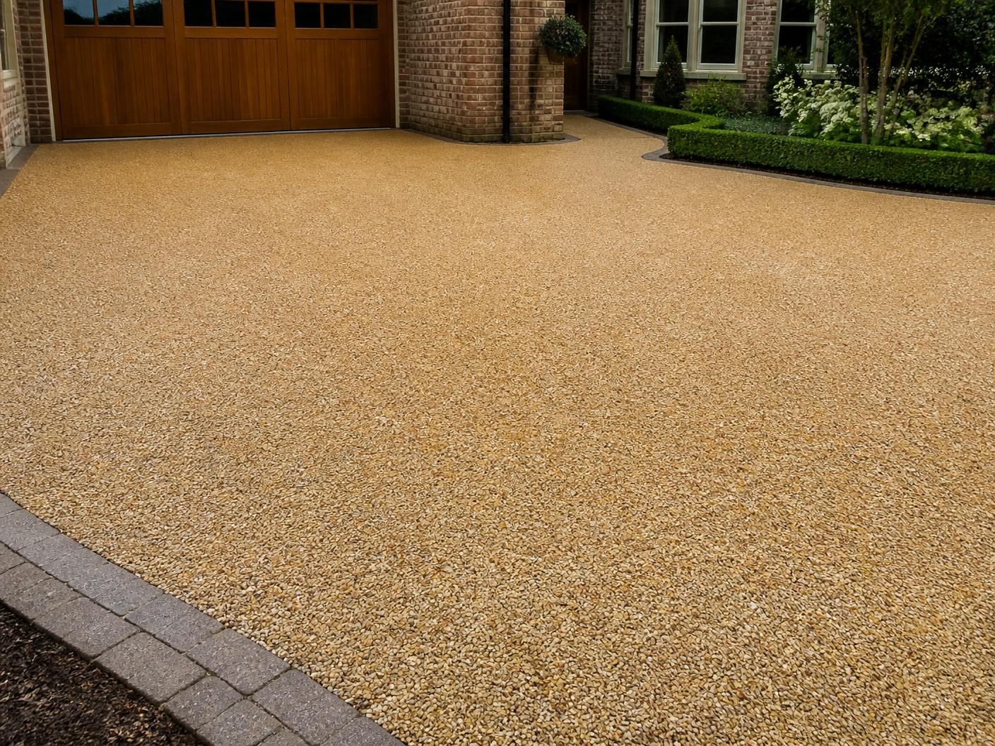 A resin bonded driveway with loose-look aggregate scattered over a resin base